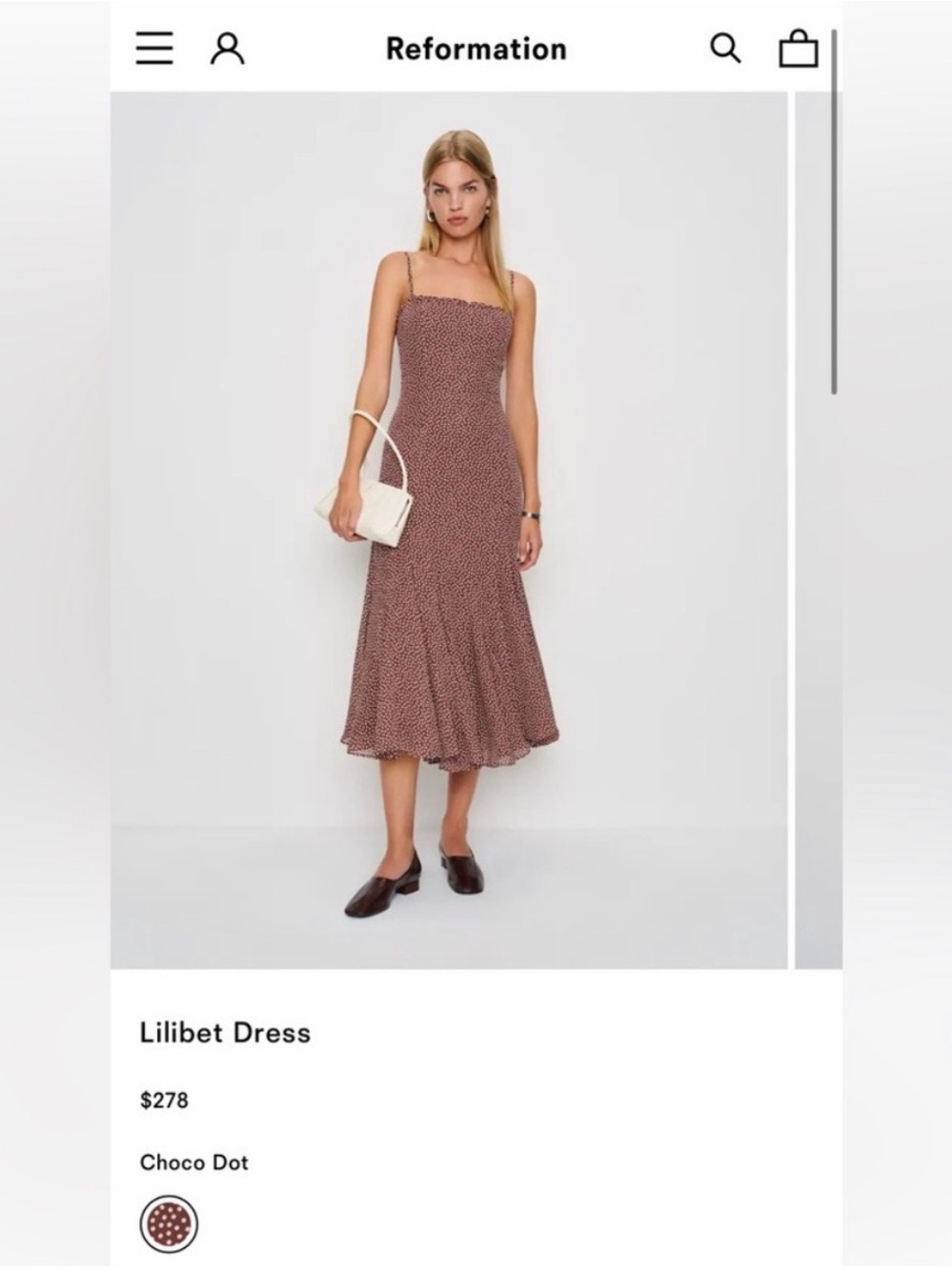 Reformation Lilibet Midi Dress in Choco Dot Brown